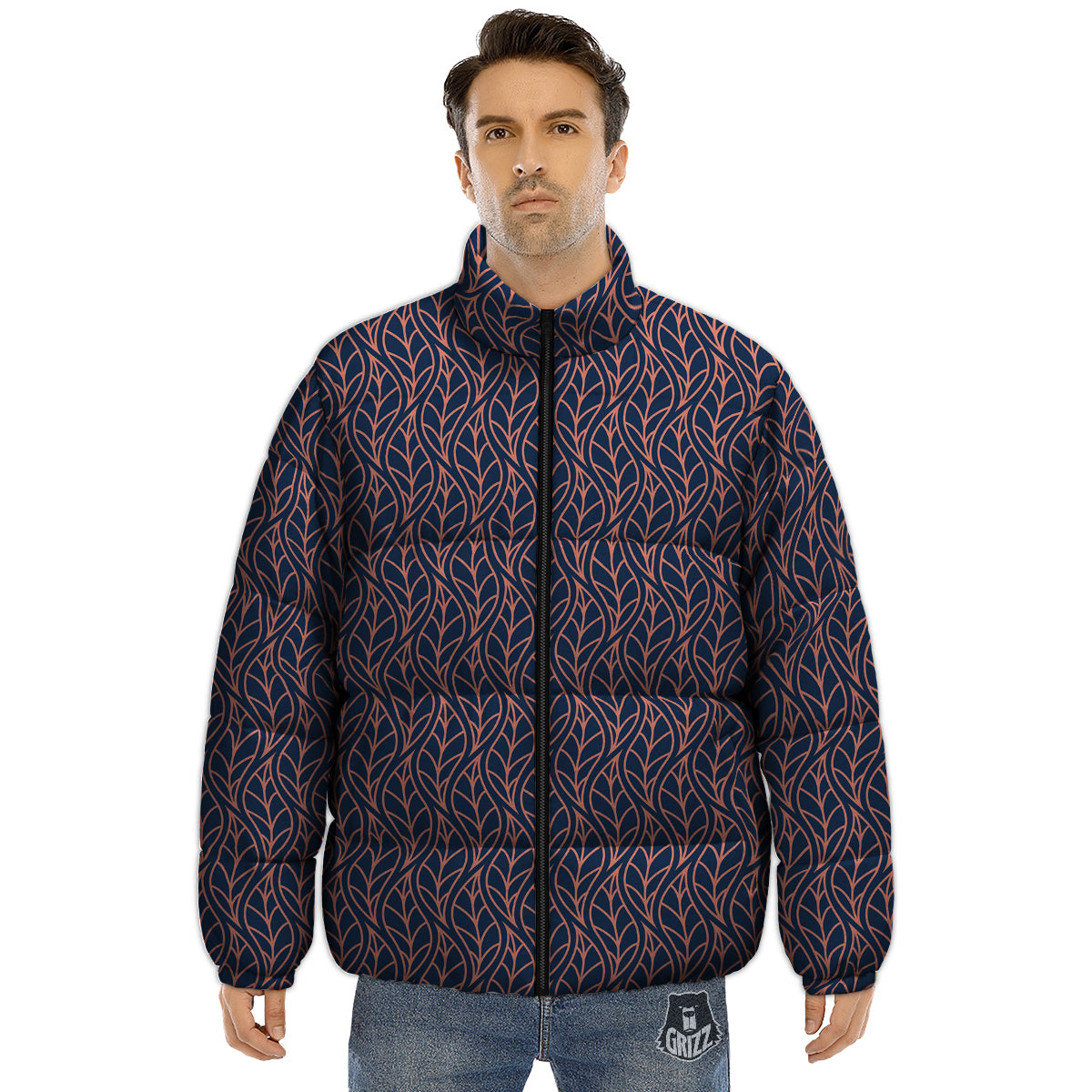 Geometric Leaf Vintage Print Pattern Puffer Jacket-grizzshop