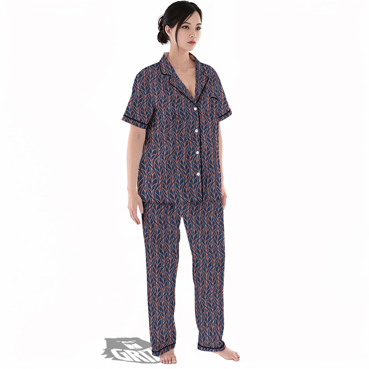 Geometric Leaf Vintage Print Pattern Women's Pajamas Set-grizzshop