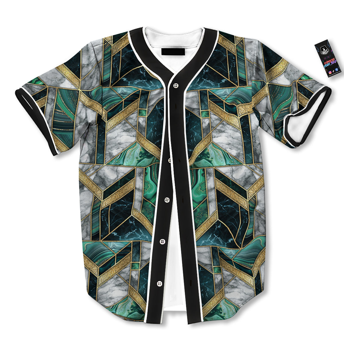 Geometric Marble Dark Green And Gold Print Pattern Baseball Jersey-grizzshop