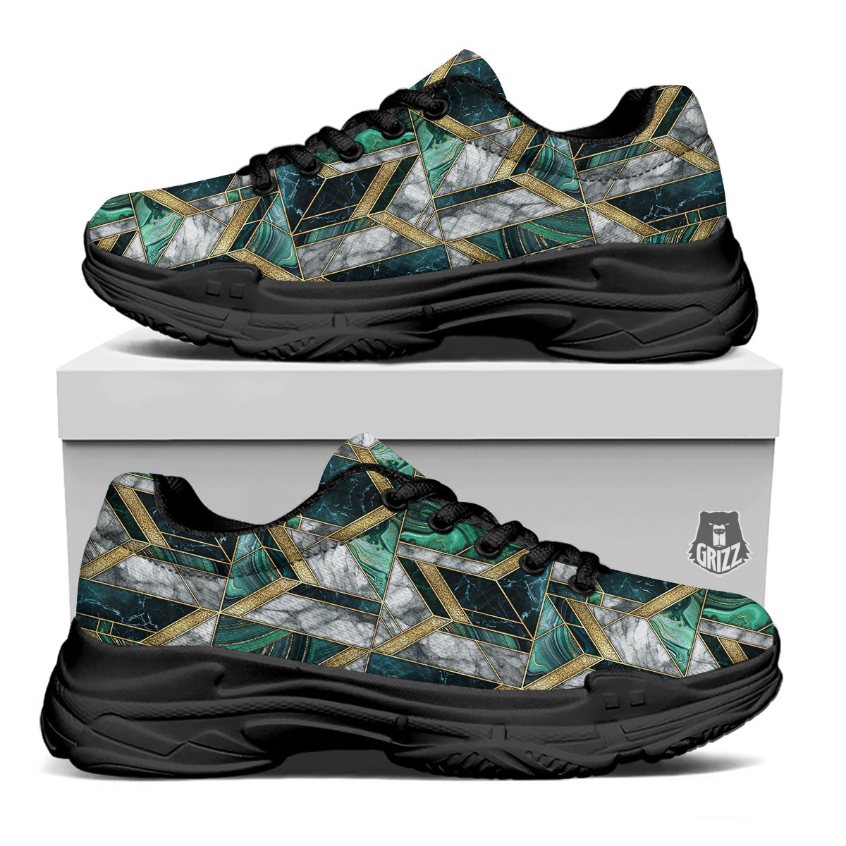 Geometric Marble Dark Green And Gold Print Pattern Black Chunky Shoes-grizzshop