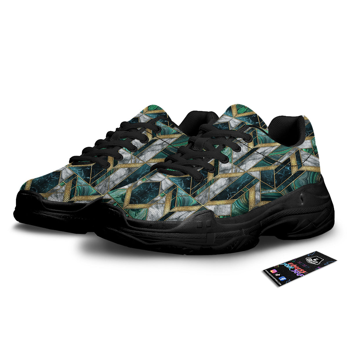 Geometric Marble Dark Green And Gold Print Pattern Black Chunky Shoes-grizzshop
