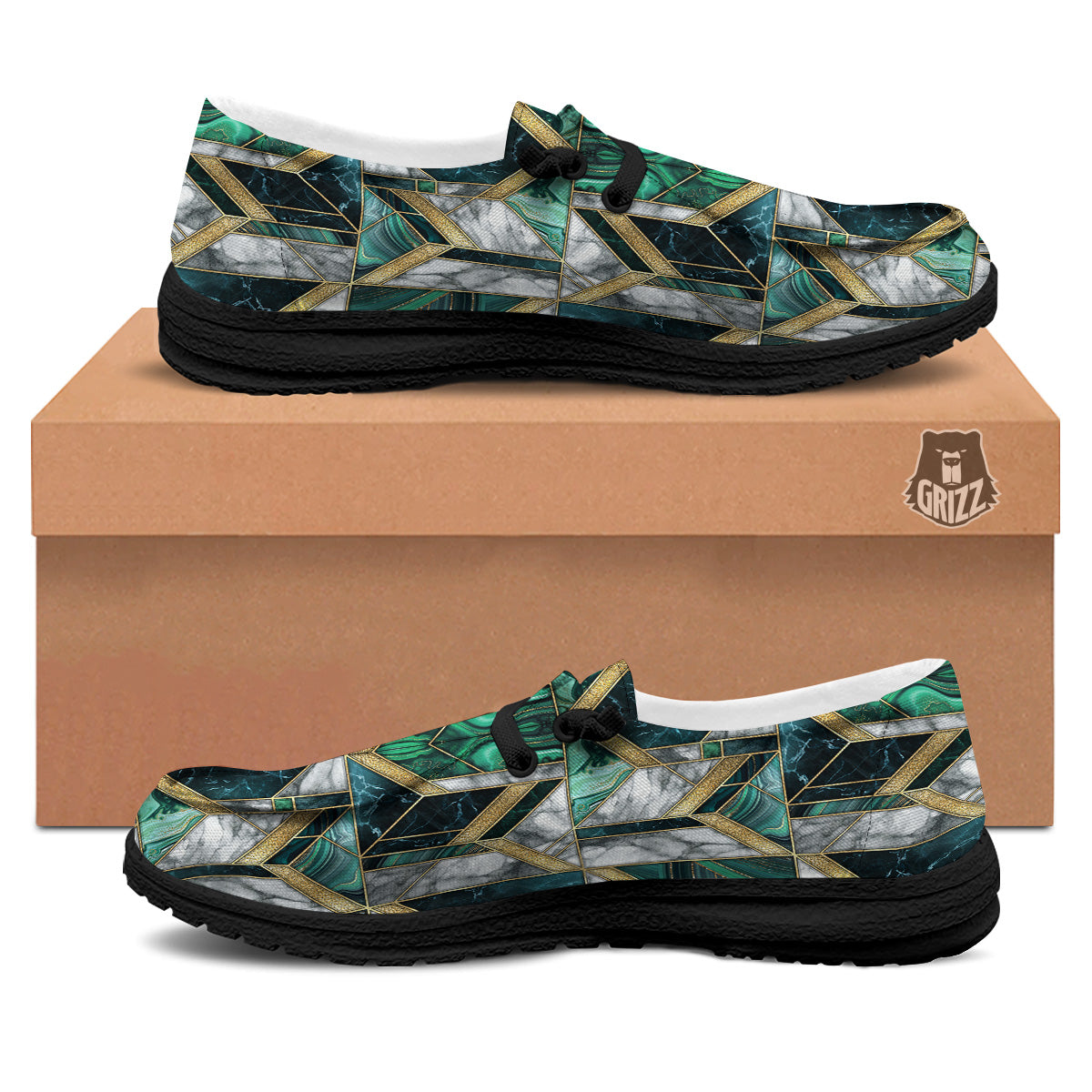 Geometric Marble Dark Green And Gold Print Pattern Black Loafers-grizzshop