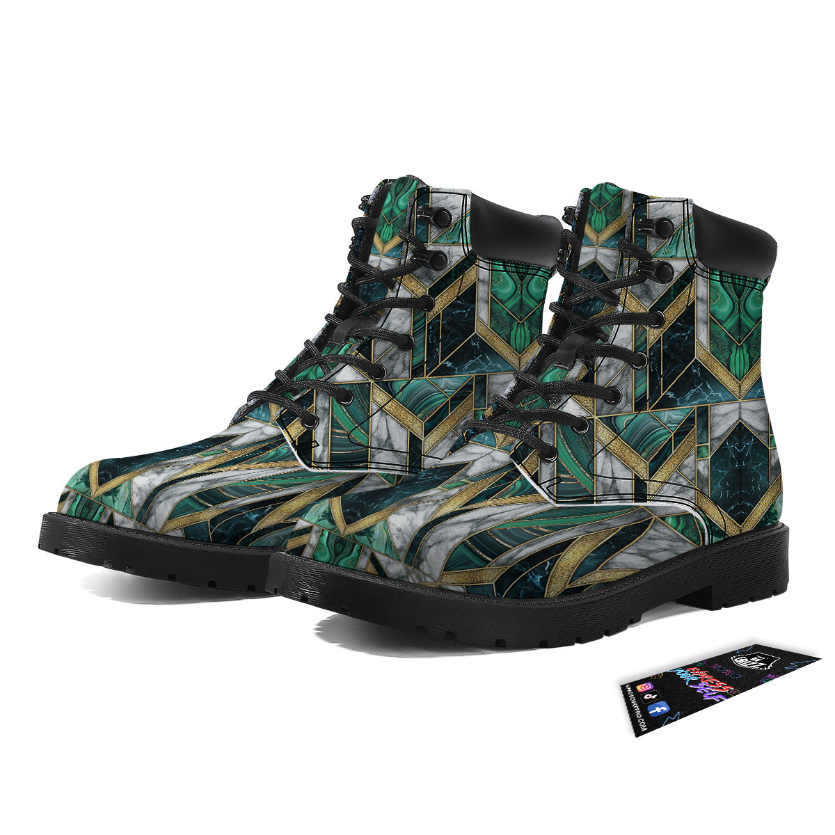 Geometric Marble Dark Green And Gold Print Pattern Boots-grizzshop