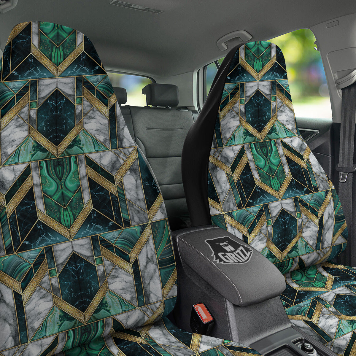 Geometric Marble Dark Green And Gold Print Pattern Car Seat Covers-grizzshop