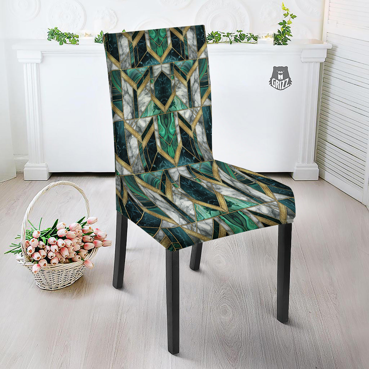 Geometric Marble Dark Green And Gold Print Pattern Dining Chair Slipcover-grizzshop