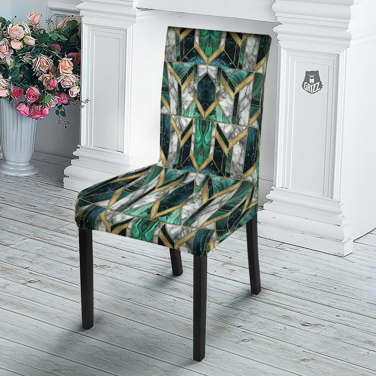 Geometric Marble Dark Green And Gold Print Pattern Dining Chair Slipcover-grizzshop