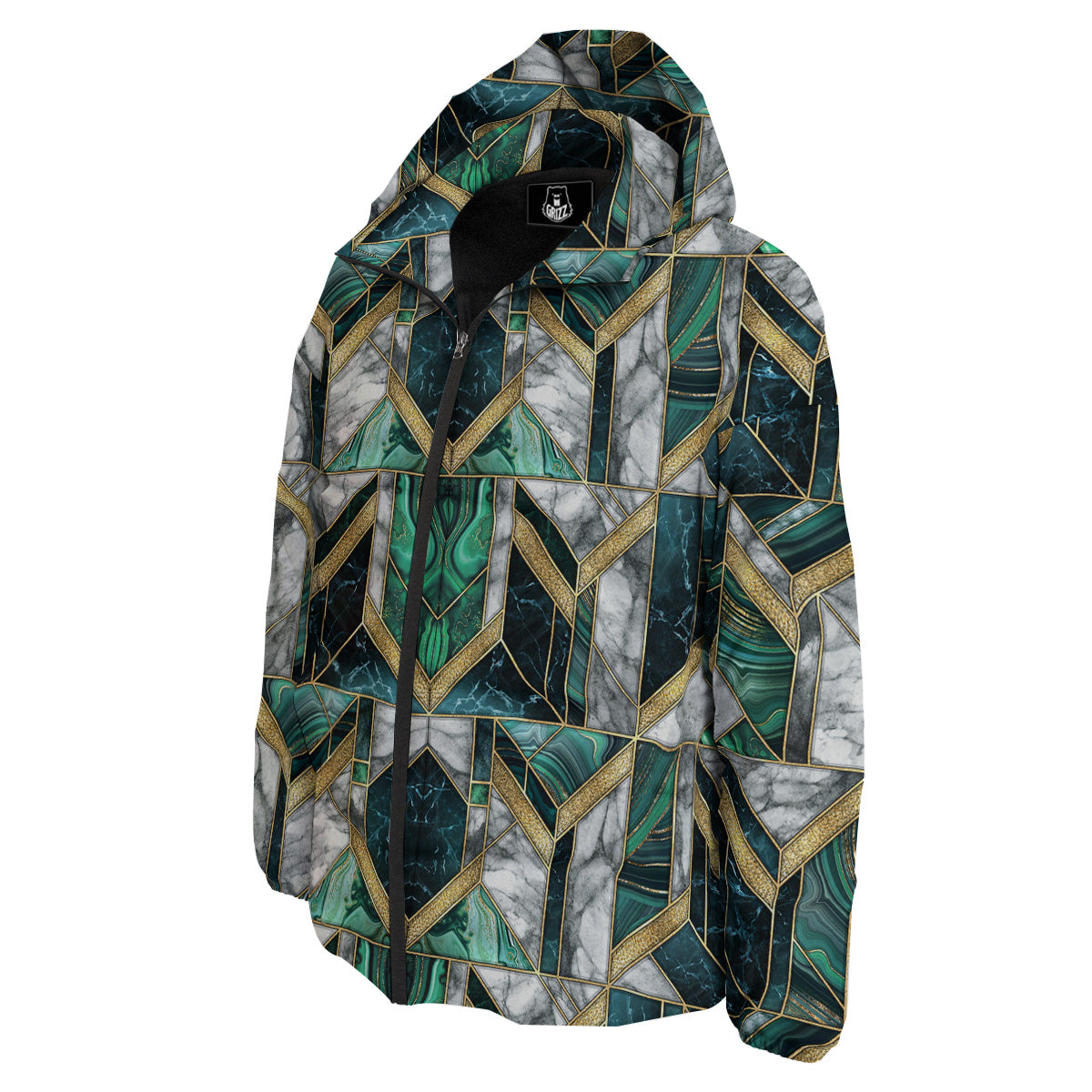 Geometric Marble Dark Green And Gold Print Pattern Down Jacket-grizzshop