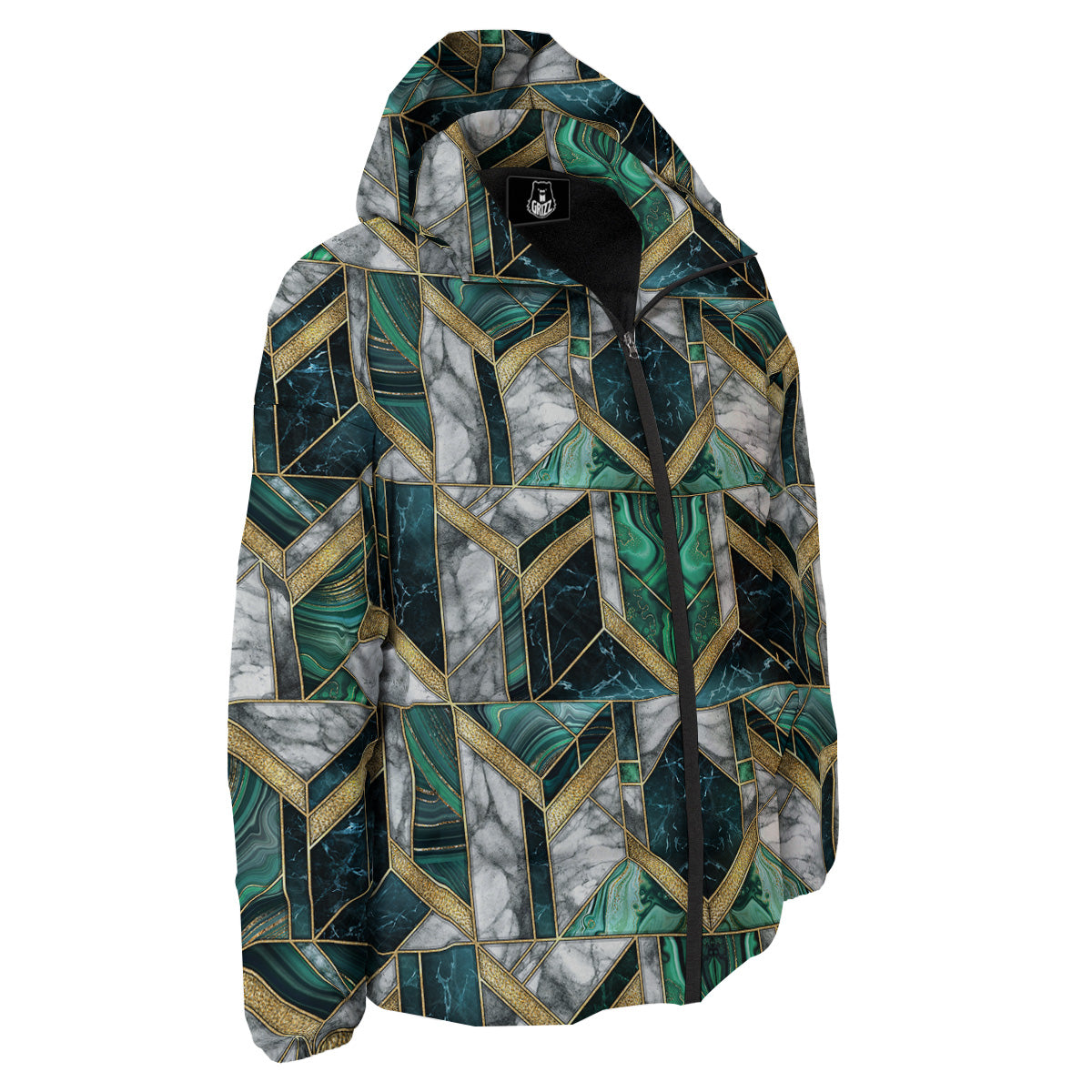 Geometric Marble Dark Green And Gold Print Pattern Down Jacket-grizzshop