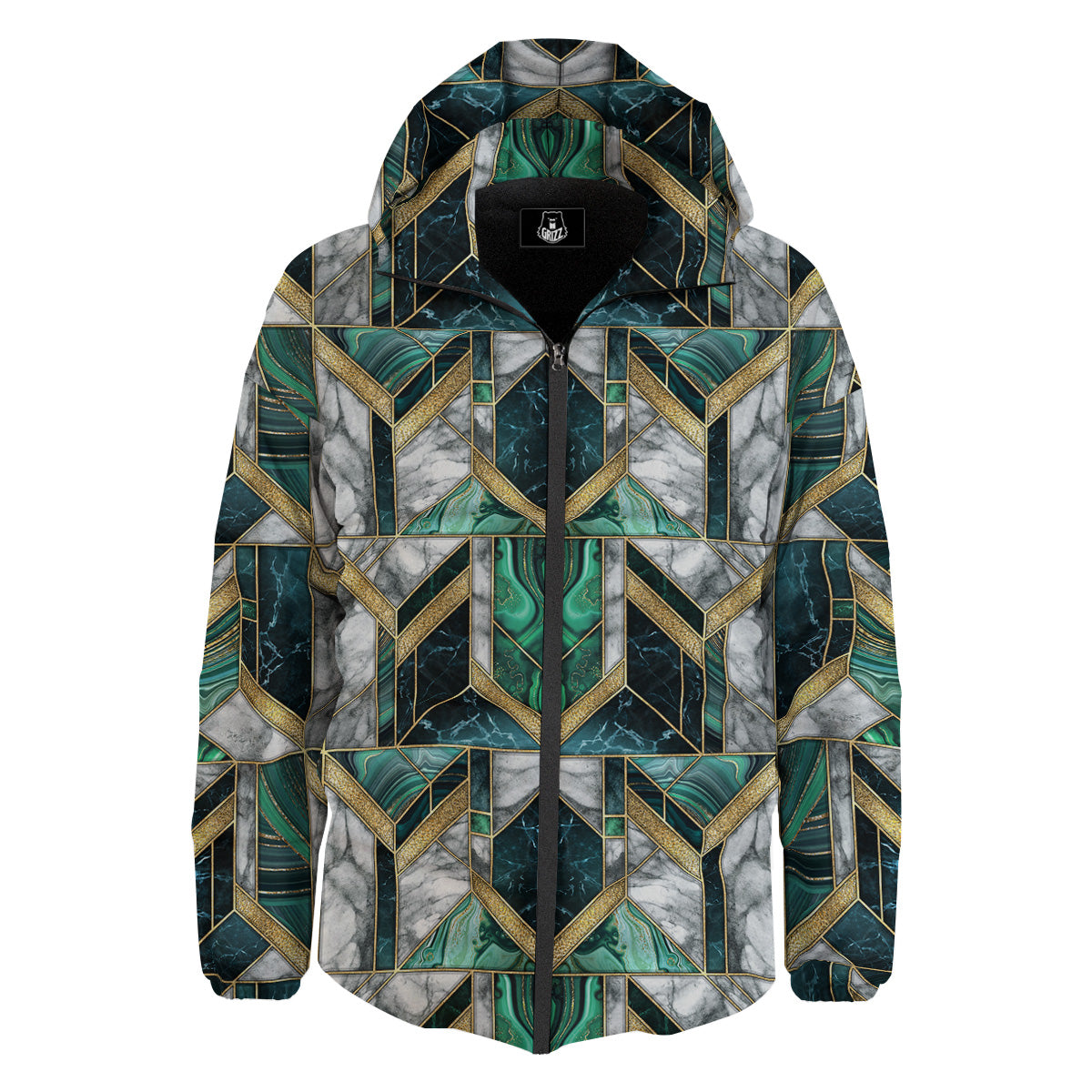 Geometric Marble Dark Green And Gold Print Pattern Down Jacket-grizzshop