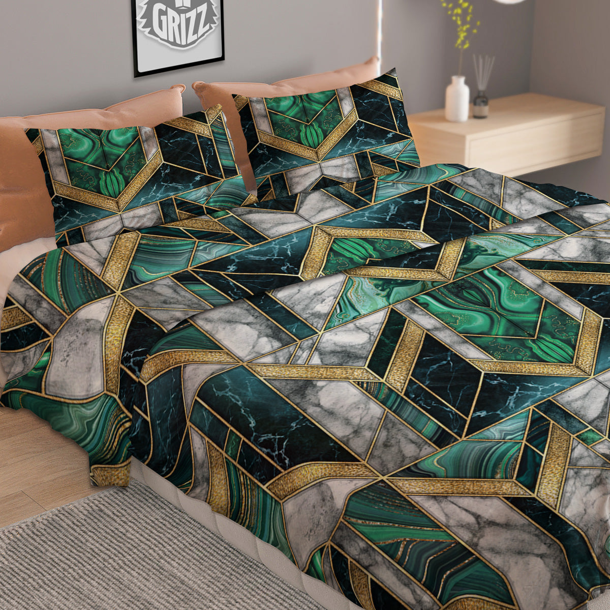 Geometric Marble Dark Green And Gold Print Pattern Duvet Cover Bedding Set