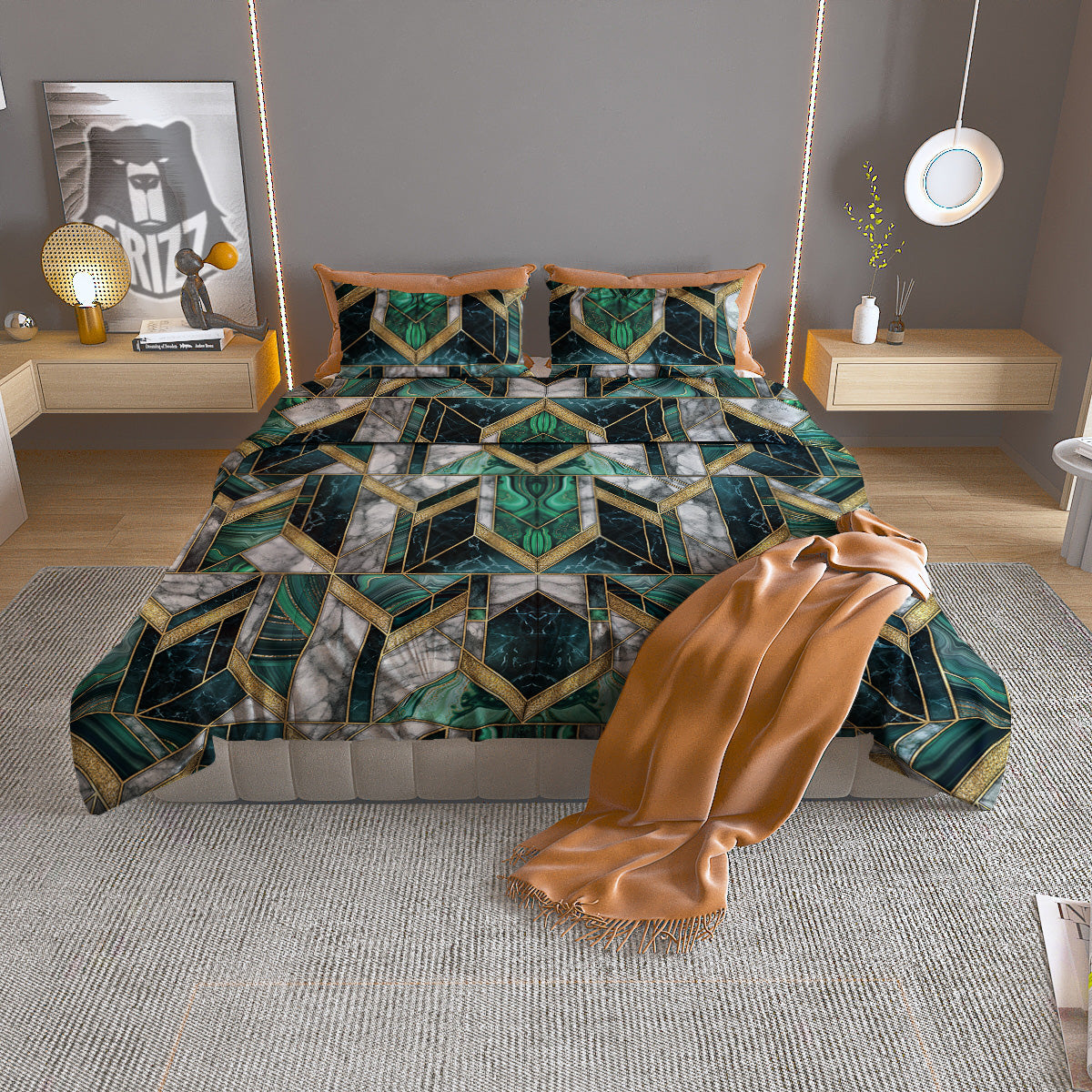 Geometric Marble Dark Green And Gold Print Pattern Duvet Cover Bedding Set