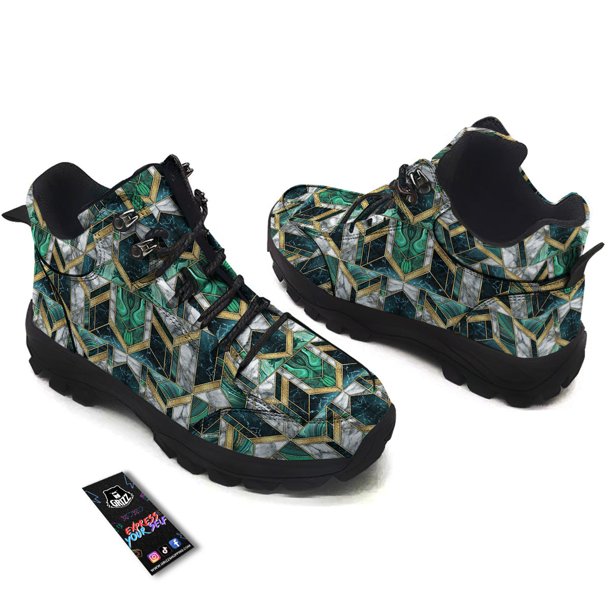 Geometric Marble Dark Green And Gold Print Pattern Hiking Shoes-grizzshop