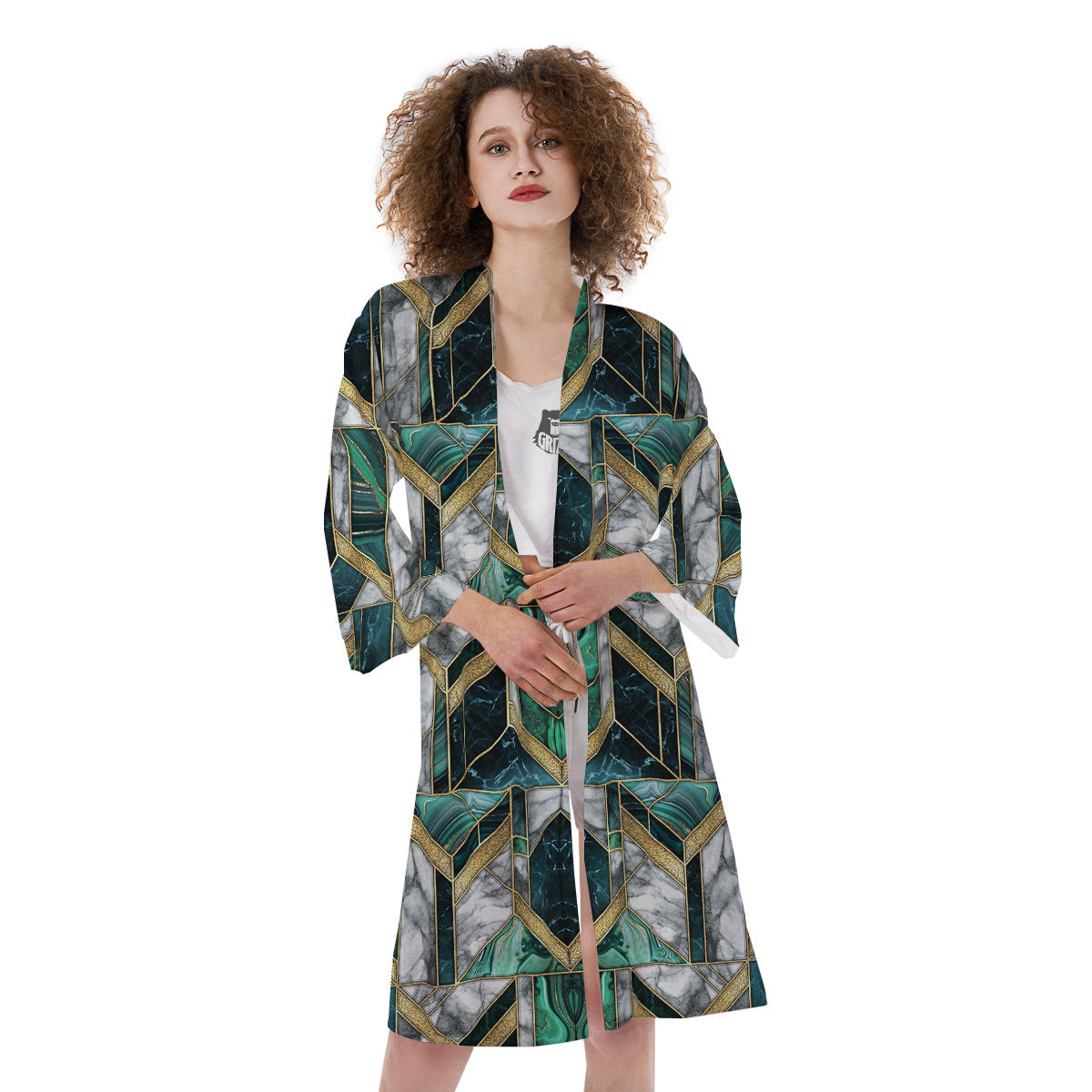 Geometric Marble Dark Green And Gold Print Pattern Kimono-grizzshop