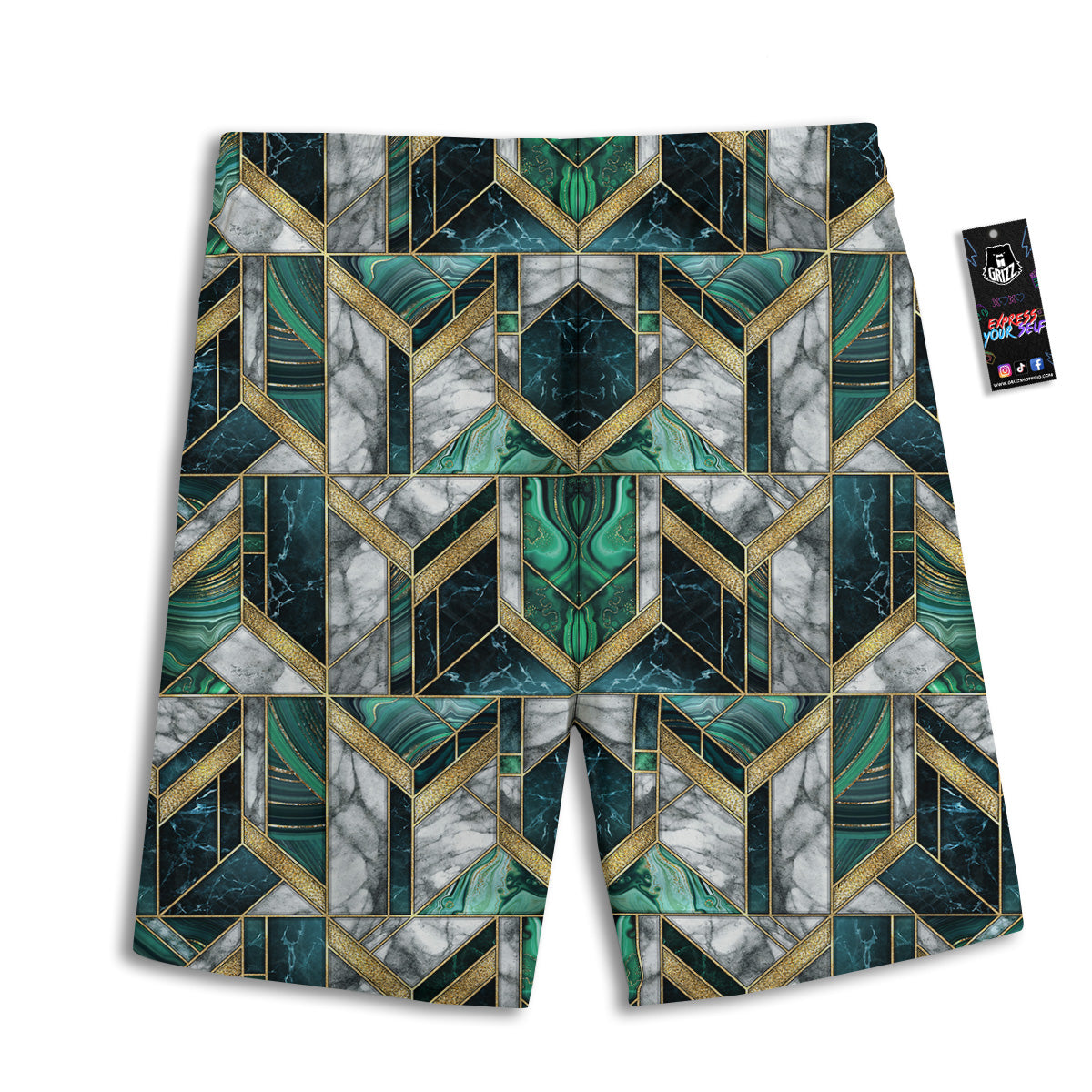 Geometric Marble Dark Green And Gold Print Pattern Men's Athletic Shorts