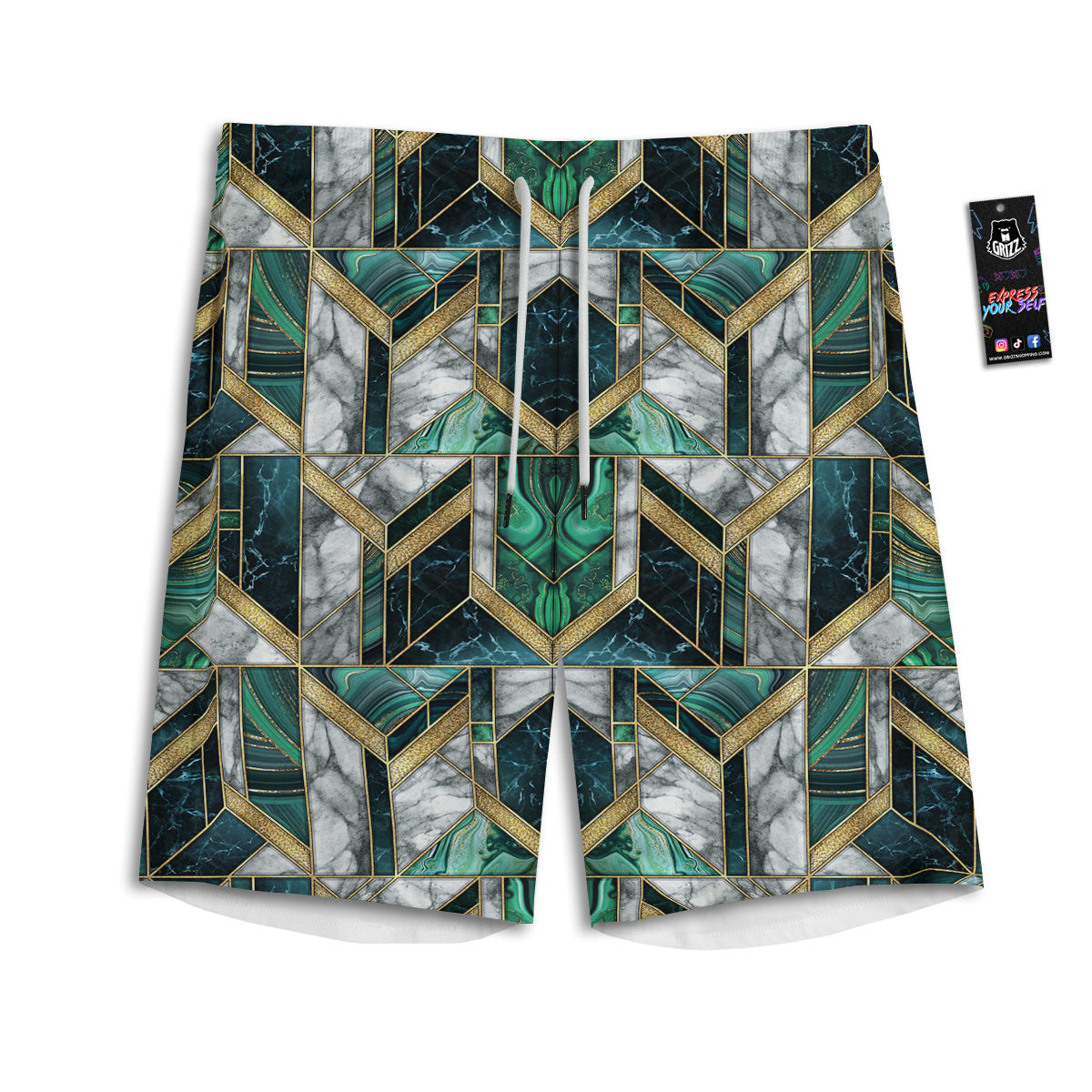 Geometric Marble Dark Green And Gold Print Pattern Men's Athletic Shorts