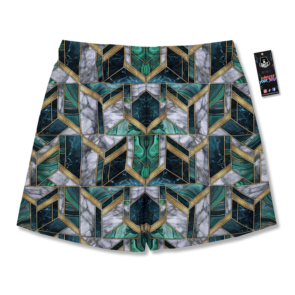 Geometric Marble Dark Green And Gold Print Pattern Men's Running Shorts-grizzshop