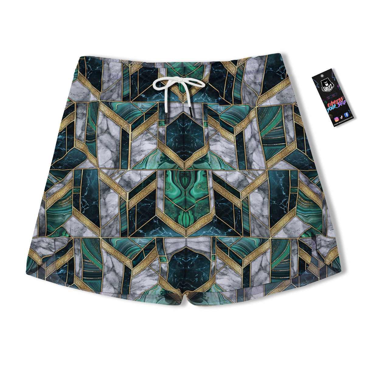 Geometric Marble Dark Green And Gold Print Pattern Men's Running Shorts-grizzshop