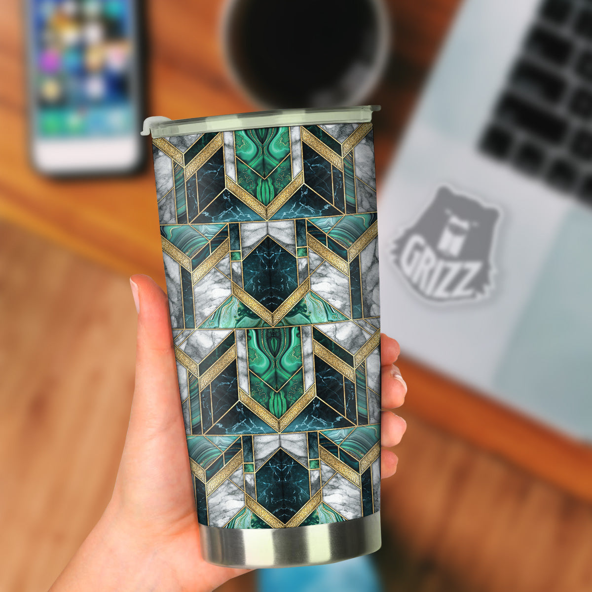 Geometric Marble Dark Green And Gold Print Pattern Tumbler-grizzshop