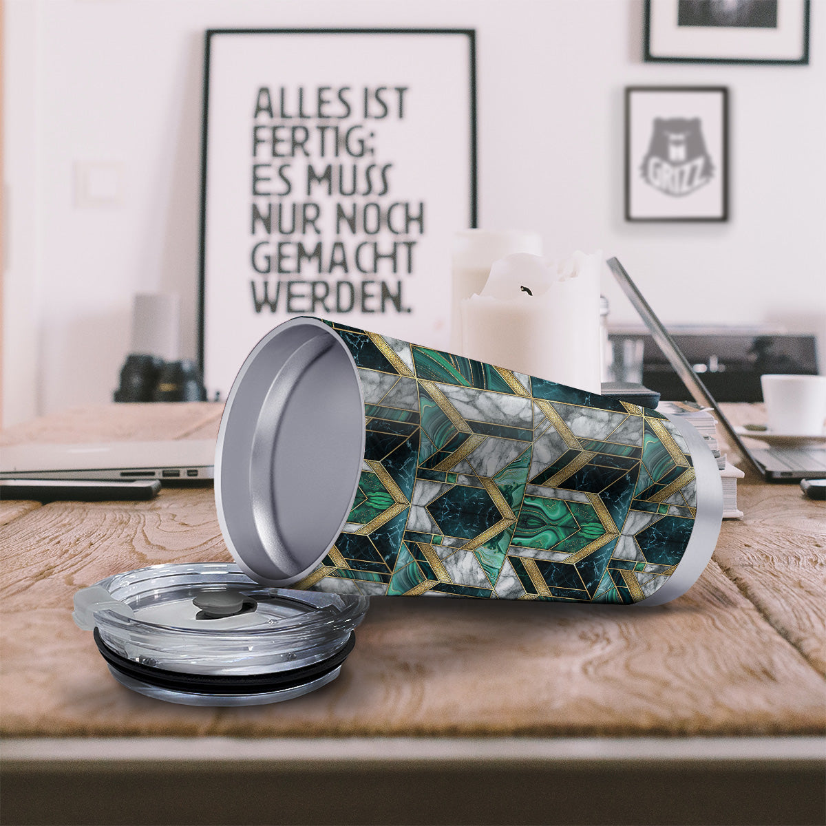 Geometric Marble Dark Green And Gold Print Pattern Tumbler-grizzshop