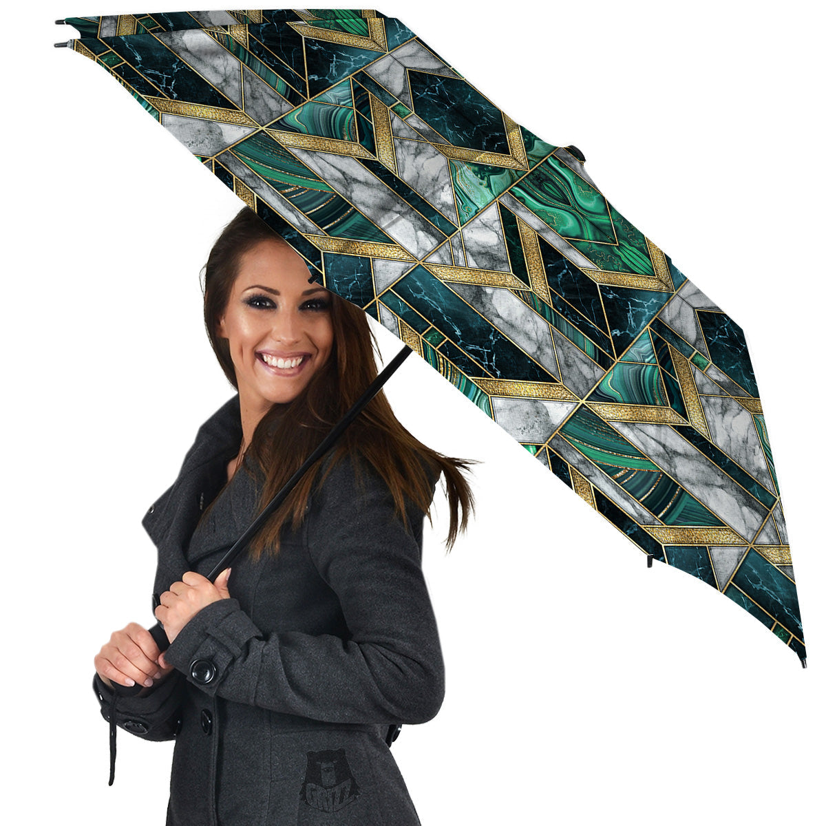 Geometric Marble Dark Green And Gold Print Pattern Umbrella-grizzshop