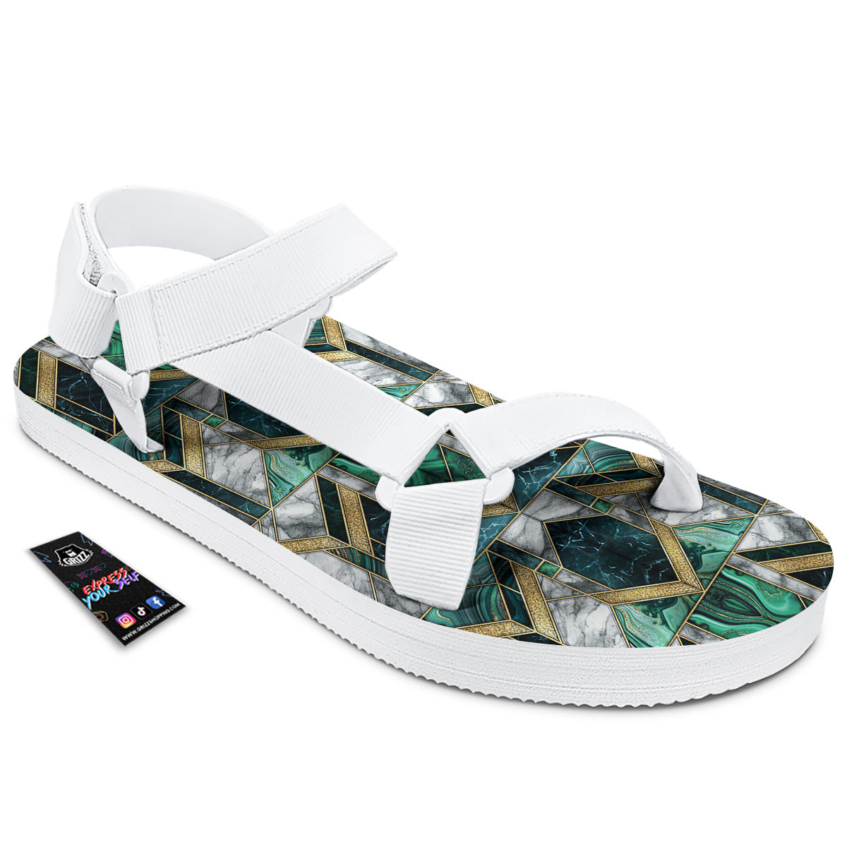 Geometric Marble Dark Green And Gold Print Pattern White Open Toe Sandals-grizzshop