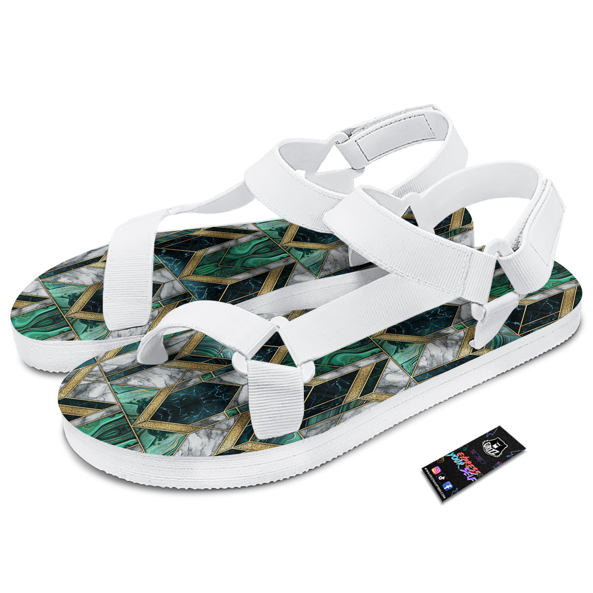 Geometric Marble Dark Green And Gold Print Pattern White Open Toe Sandals-grizzshop