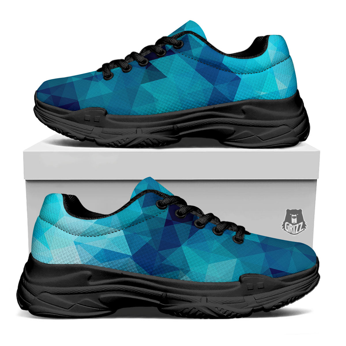 Geometric Mosaic Blue Print Black Chunky Shoes-grizzshop