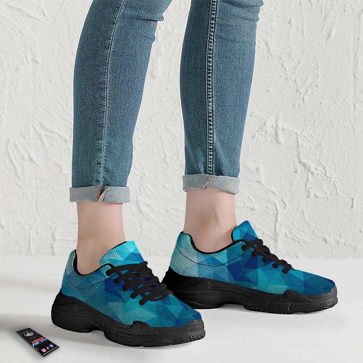 Geometric Mosaic Blue Print Black Chunky Shoes-grizzshop