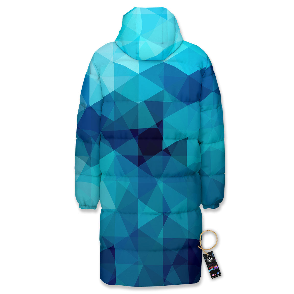 Geometric Mosaic Blue Print Long Down Jacket-grizzshop