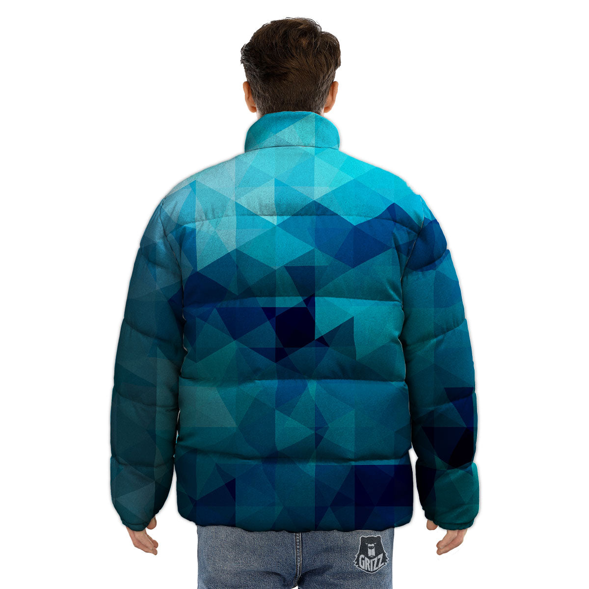 Geometric Mosaic Blue Print Puffer Jacket-grizzshop