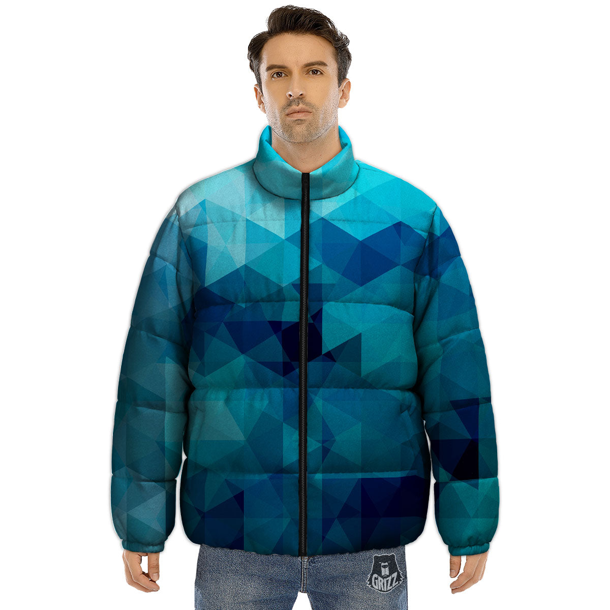 Geometric Mosaic Blue Print Puffer Jacket-grizzshop