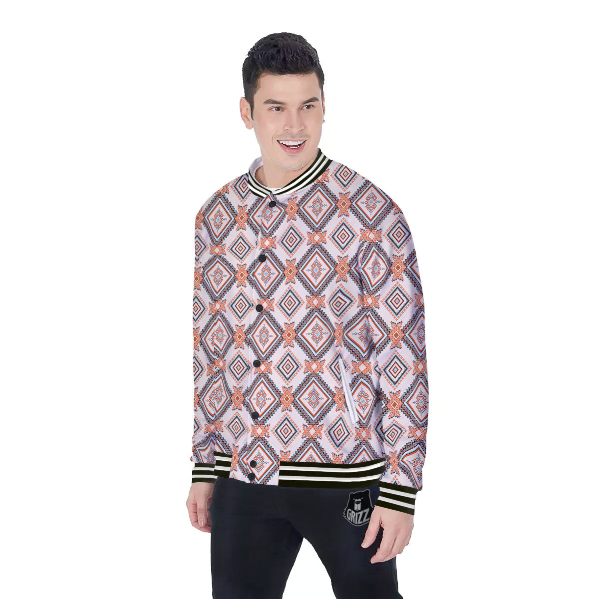 Geometric Native American Print Pattern Baseball Jacket-grizzshop