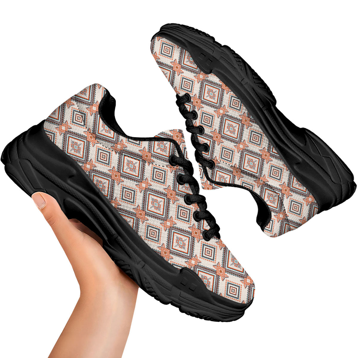 Geometric Native American Print Pattern Black Chunky Shoes-grizzshop