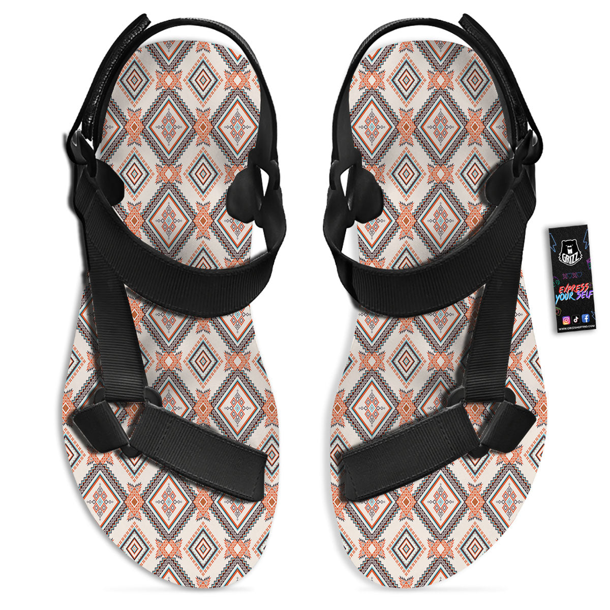 Geometric Native American Print Pattern Black Open Toe Sandals-grizzshop
