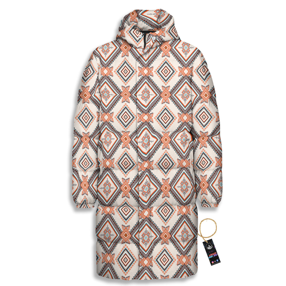 Geometric Native American Print Pattern Long Down Jacket-grizzshop