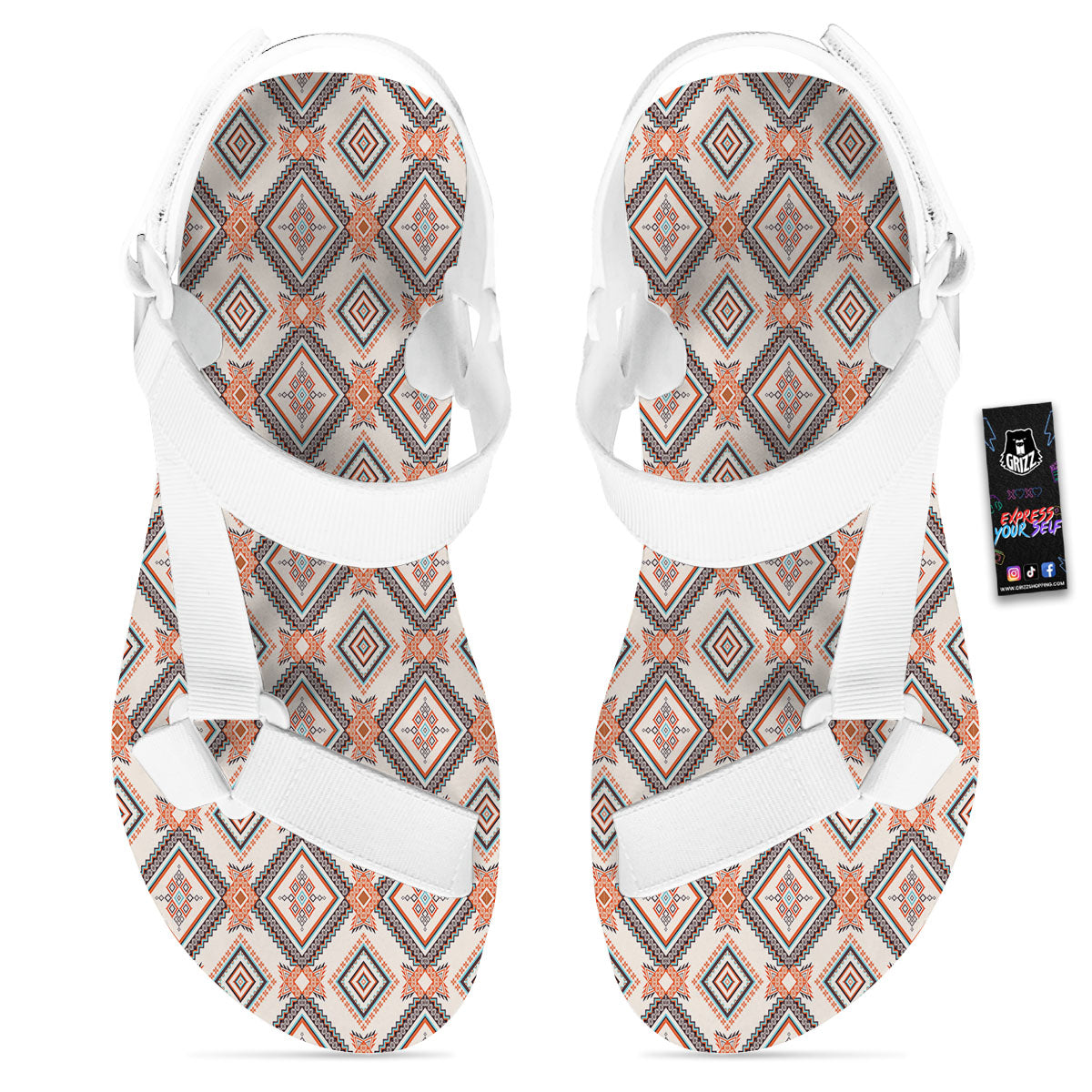 Geometric Native American Print Pattern White Open Toe Sandals-grizzshop