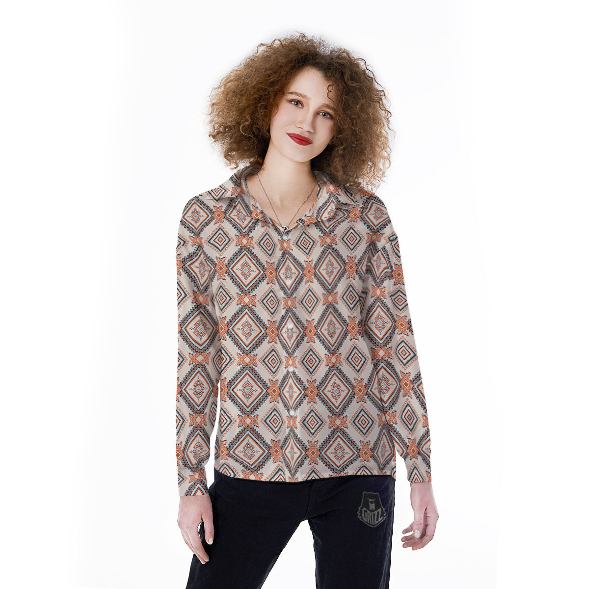 Geometric Native American Print Pattern Women's Long Sleeve Shirts-grizzshop