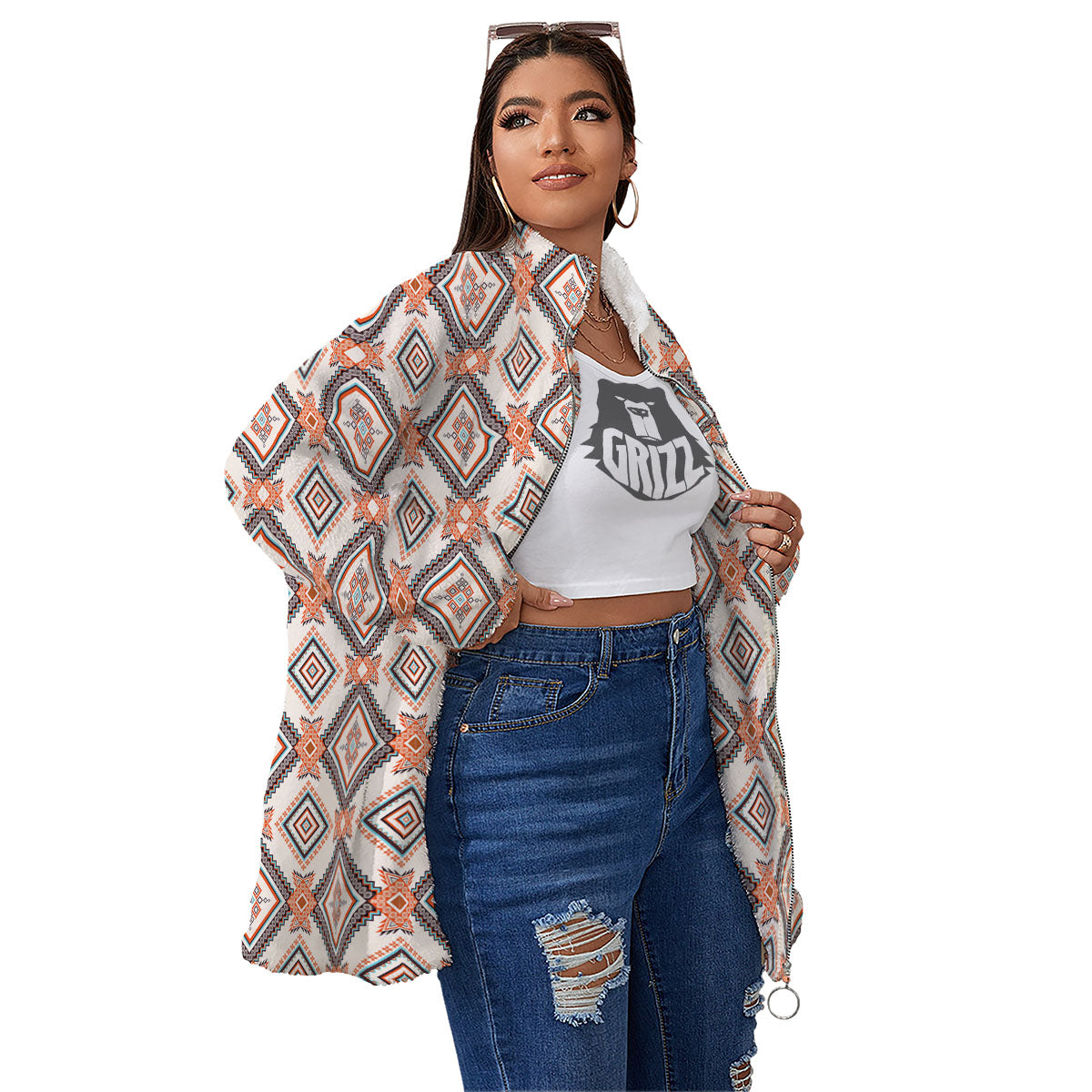 Geometric Native American Print Pattern Women's Sherpa Jacket-grizzshop