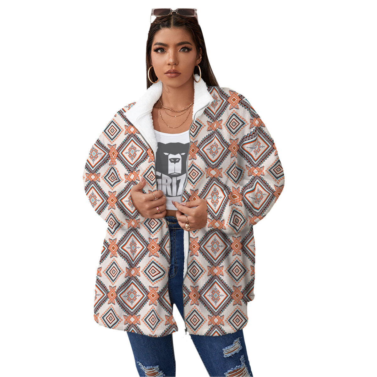 Geometric Native American Print Pattern Women's Sherpa Jacket-grizzshop