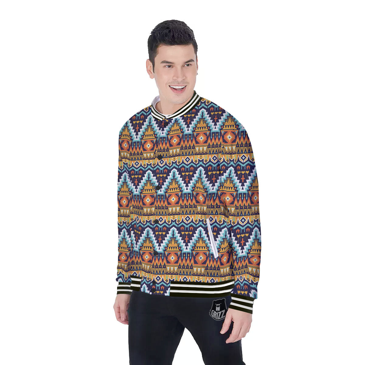 Geometric Navajo Print Pattern Baseball Jacket-grizzshop
