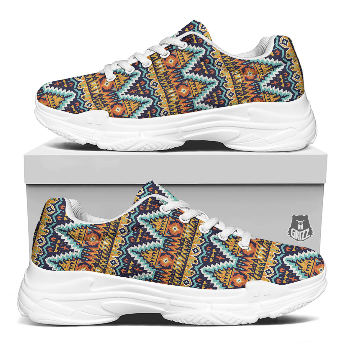 Geometric Navajo Print Pattern White Chunky Shoes-grizzshop