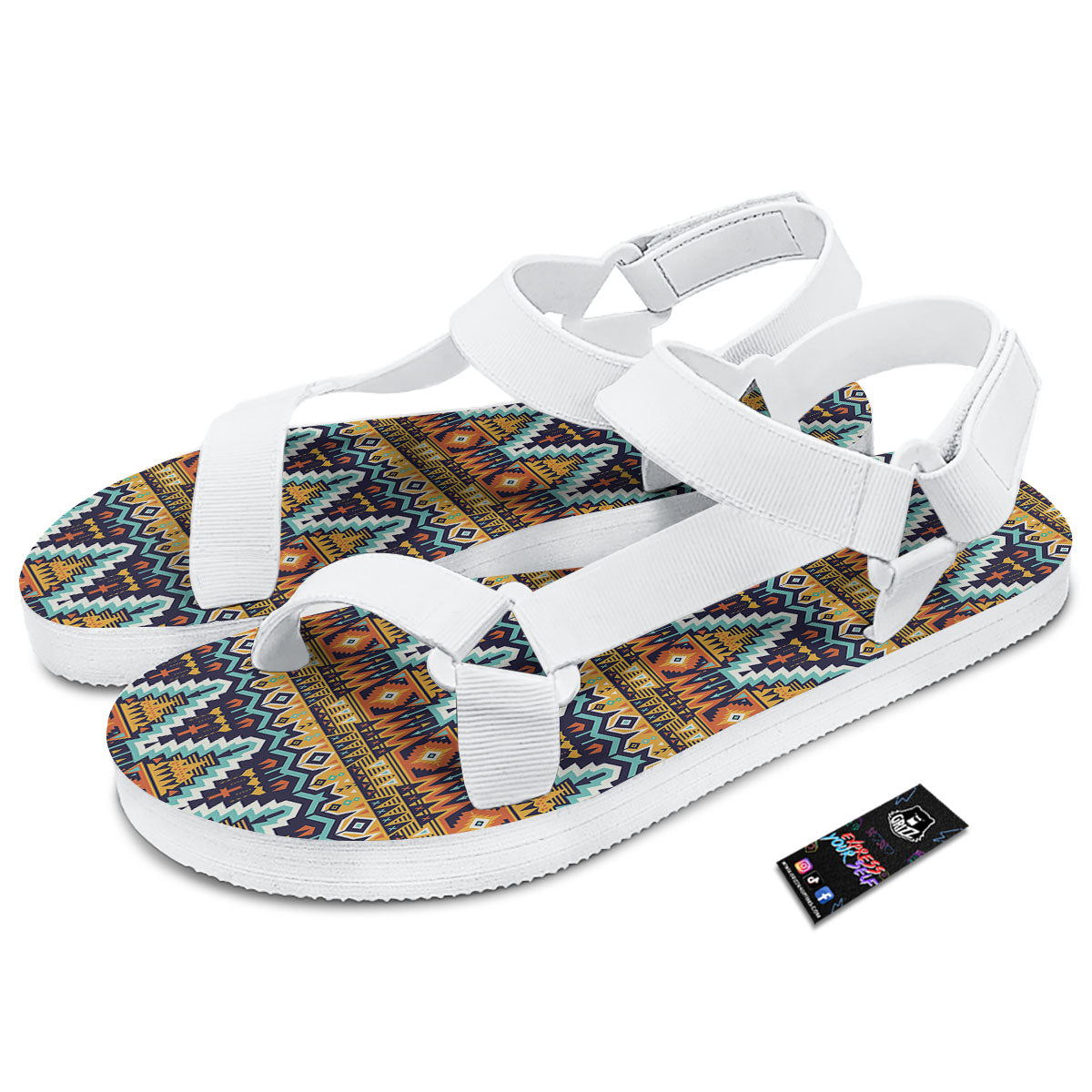 Geometric Navajo Print Pattern White Open Toe Sandals-grizzshop