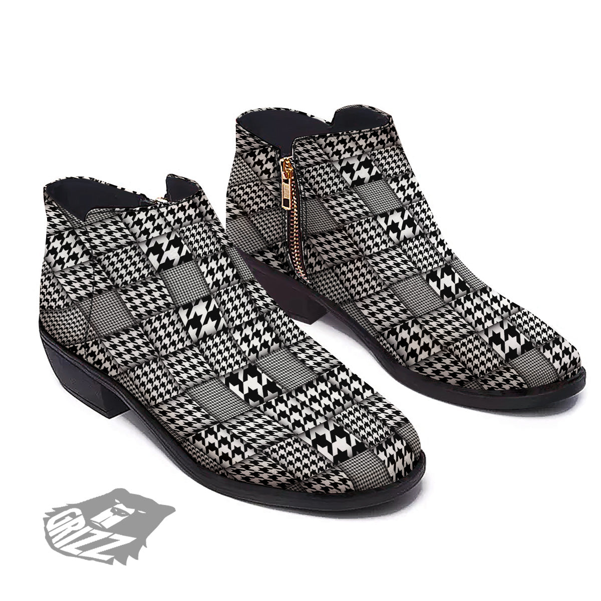 Geometric Patchwork Houndstooth Print Pattern Ankle Boots-grizzshop