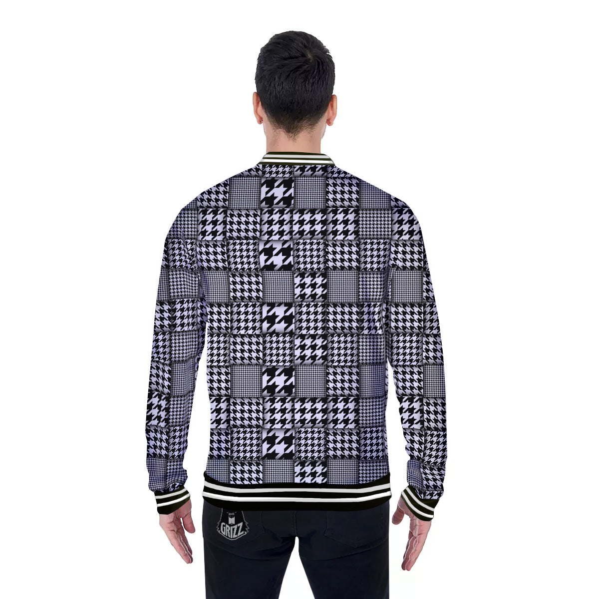 Geometric Patchwork Houndstooth Print Pattern Baseball Jacket-grizzshop