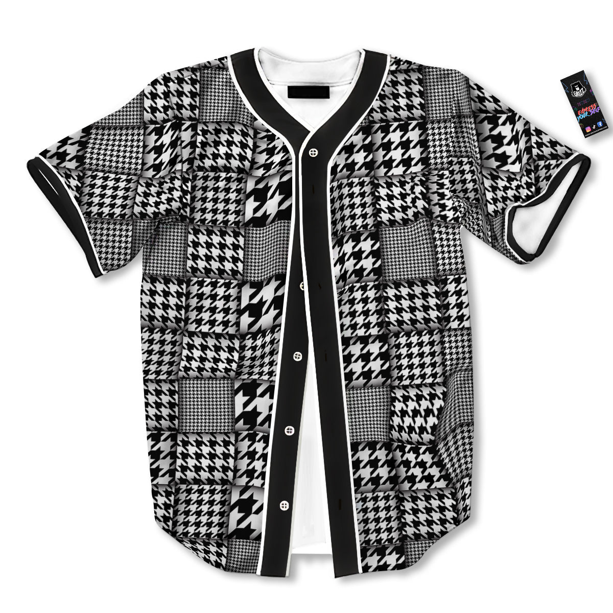 Geometric Patchwork Houndstooth Print Pattern Baseball Jersey-grizzshop