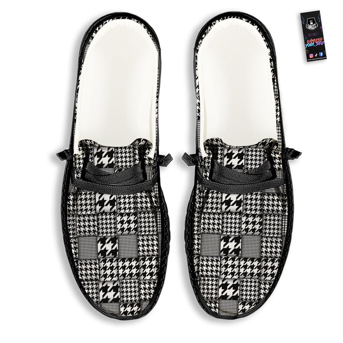 Geometric Patchwork Houndstooth Print Pattern Black Loafers-grizzshop