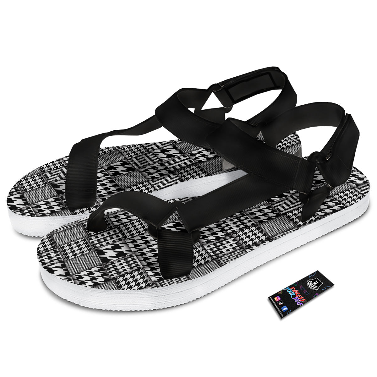 Geometric Patchwork Houndstooth Print Pattern Black Open Toe Sandals-grizzshop