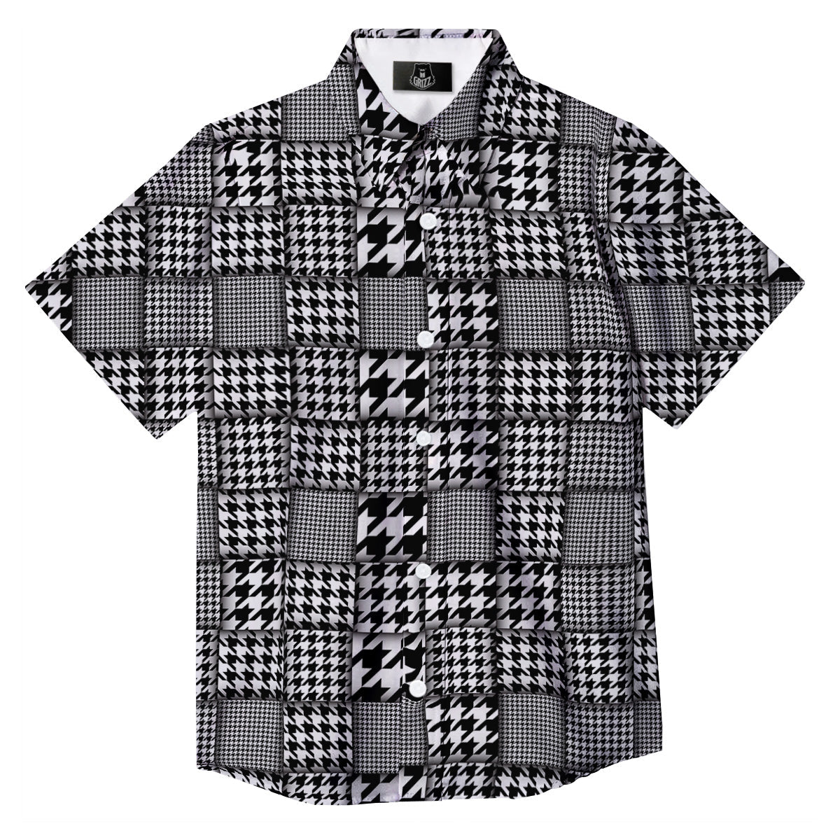 Geometric Patchwork Houndstooth Print Pattern Button Up Shirt-grizzshop