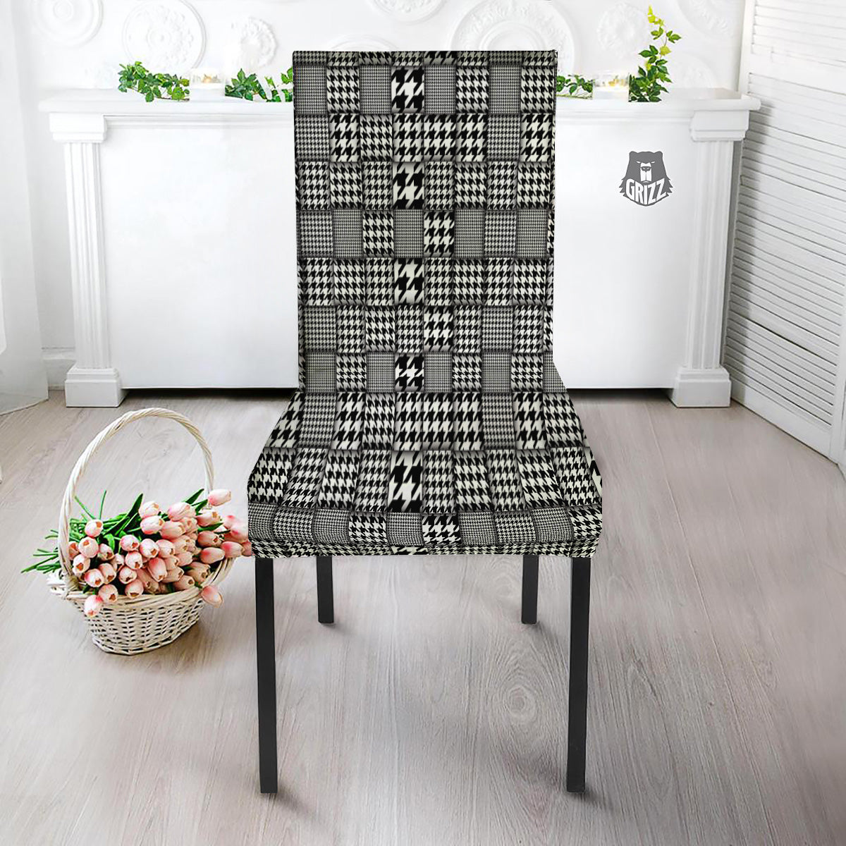 Geometric Patchwork Houndstooth Print Pattern Dining Chair Slipcover-grizzshop