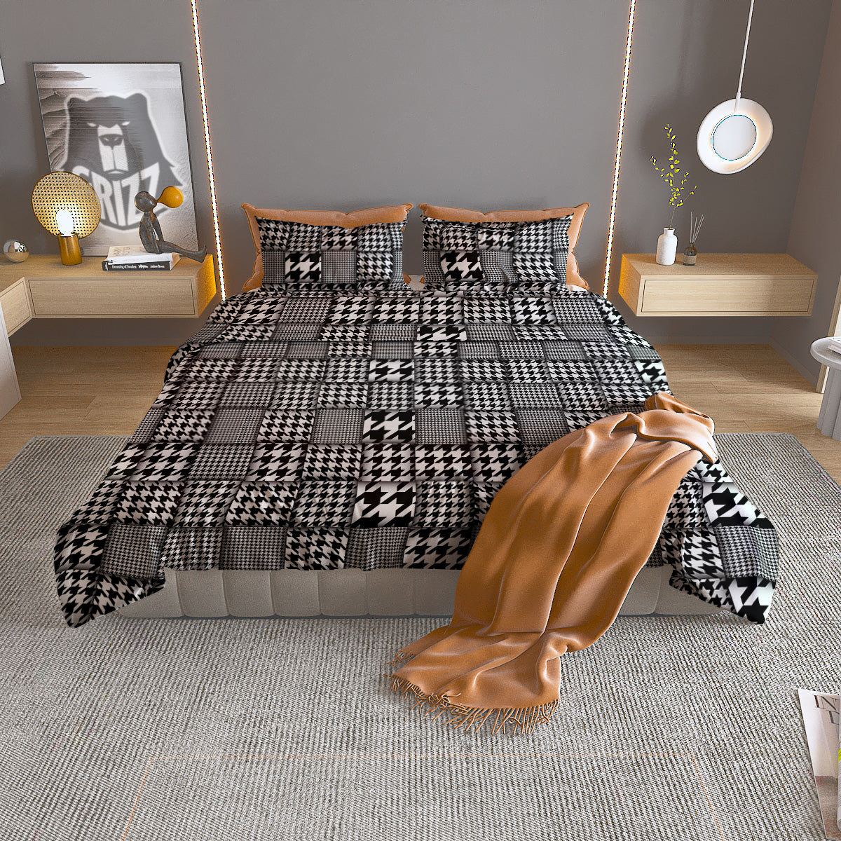 Geometric Patchwork Houndstooth Print Pattern Duvet Cover Bedding Set